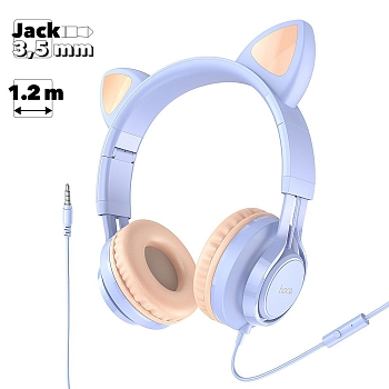 Гарнитура HOCO W36 Cat Ear 3.5мм, накладная, "ушки", 1.2м (сиреневый)